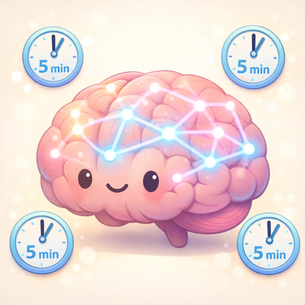 Cerebro con vías neuronales activas y relojes de 5 minutos ilustrando microlearning efectivo