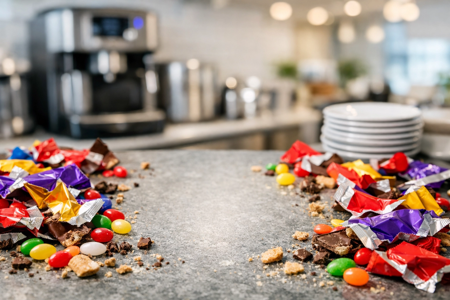 Rude coffee mug for an office leaving gift surrounded by candy wrappers in a modern breakroom.