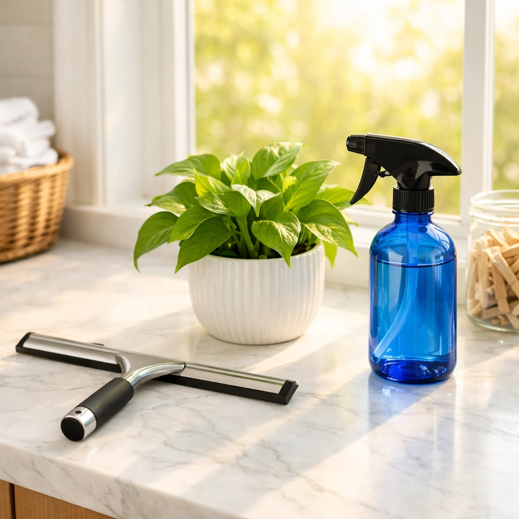 Eco-friendly cleaning tools including a window squeegee and glass spray bottle on a modern white counter.