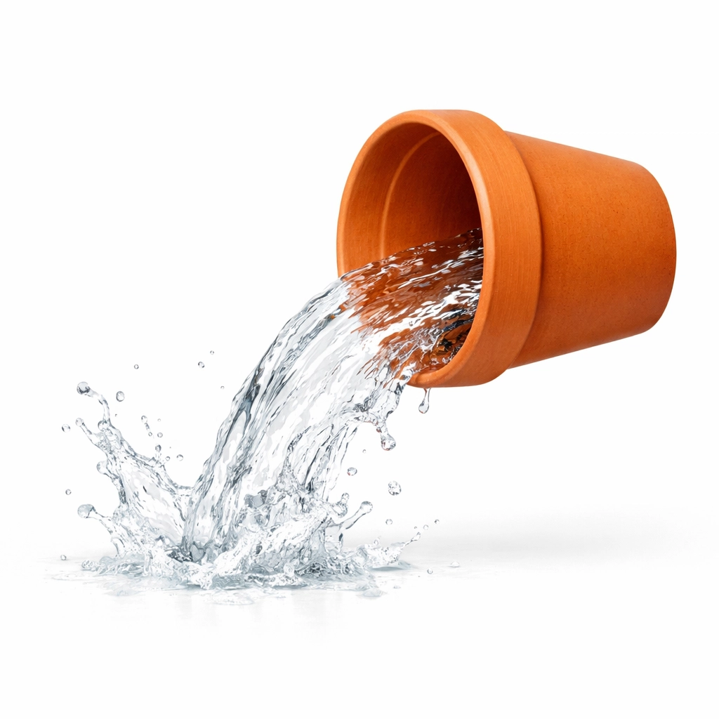 Tipping over a terracotta garden pot to remove standing water and prevent mosquito breeding.