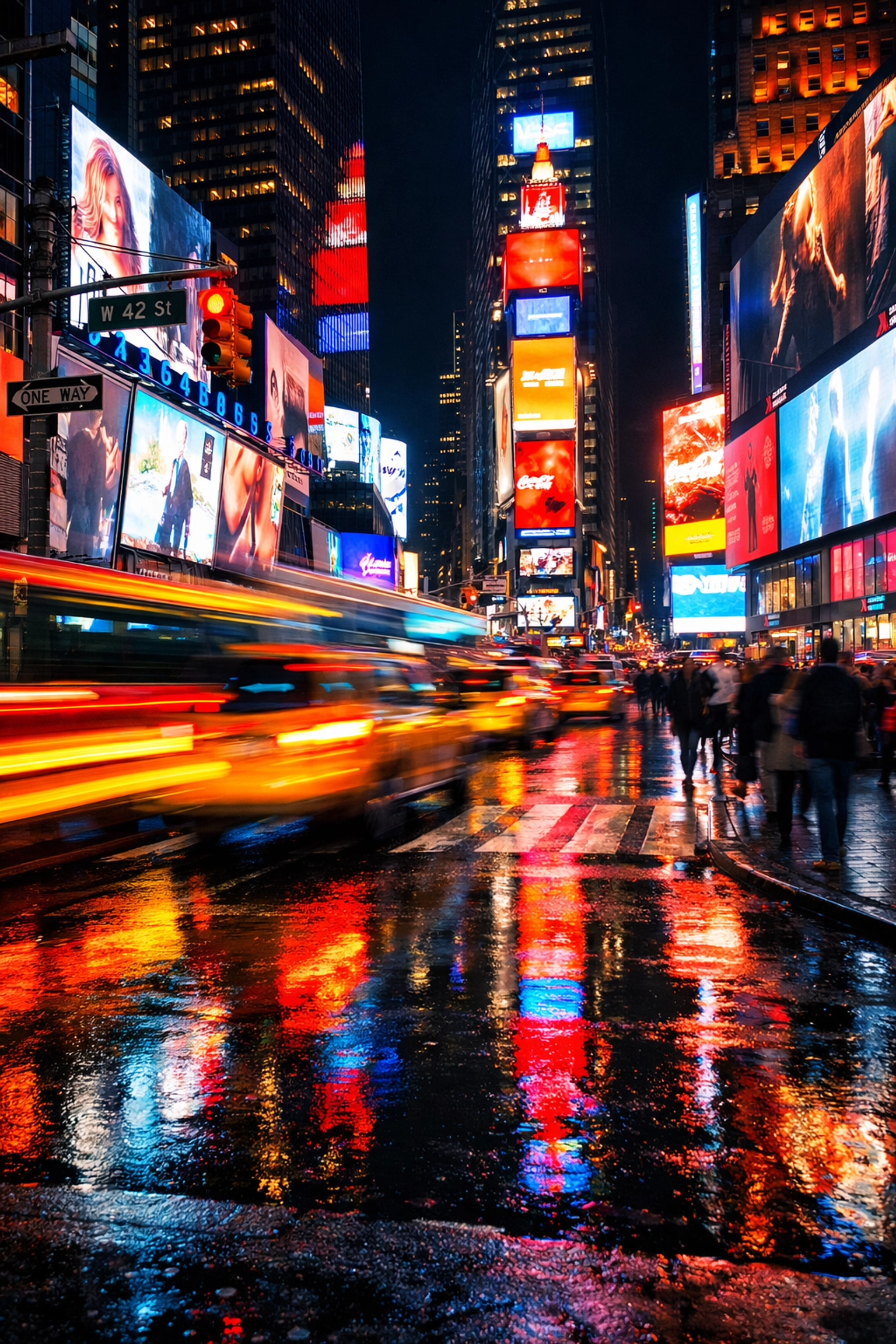 Long exposure night photography of Times Square NYC with vibrant neon billboards and taxi light trails.