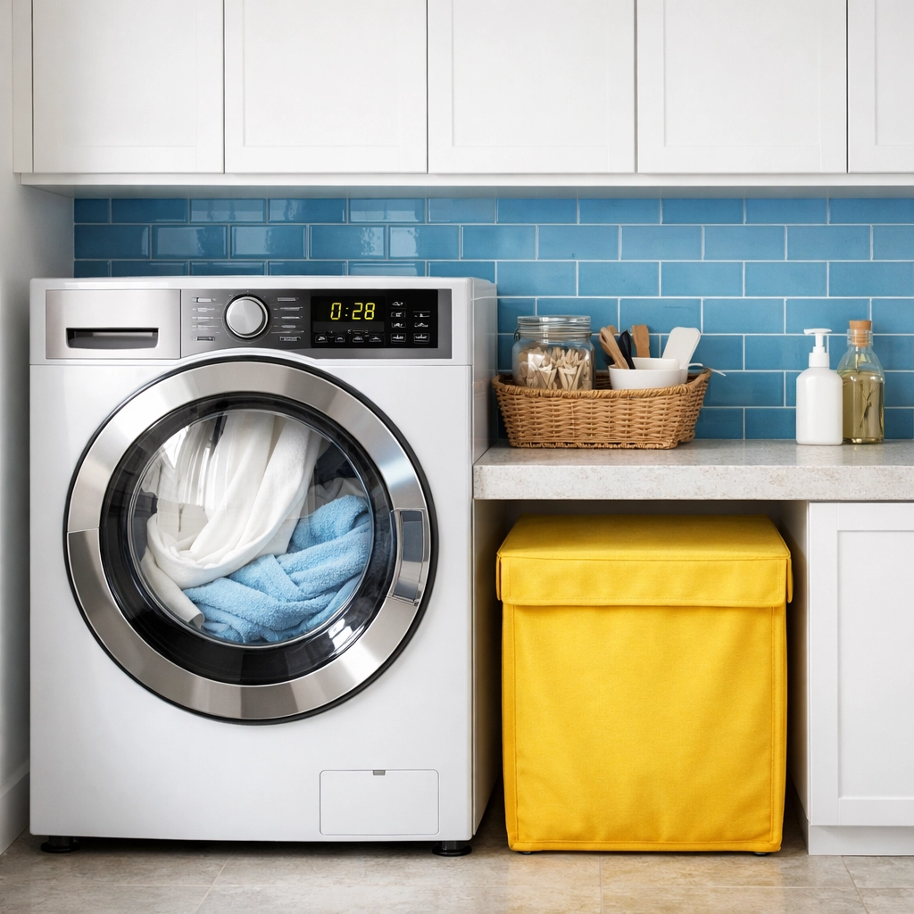 Washing a white shower curtain in a modern front-loading machine as part of a deep cleaning maintenance routine.