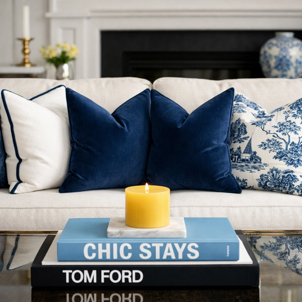 Perfectly fluffed navy and white pillows in an elegantly cleaned Sudbury living room.