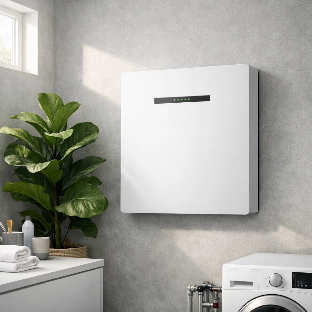 Modern wall-mounted solar battery in a minimalist home utility room for renewable energy storage.