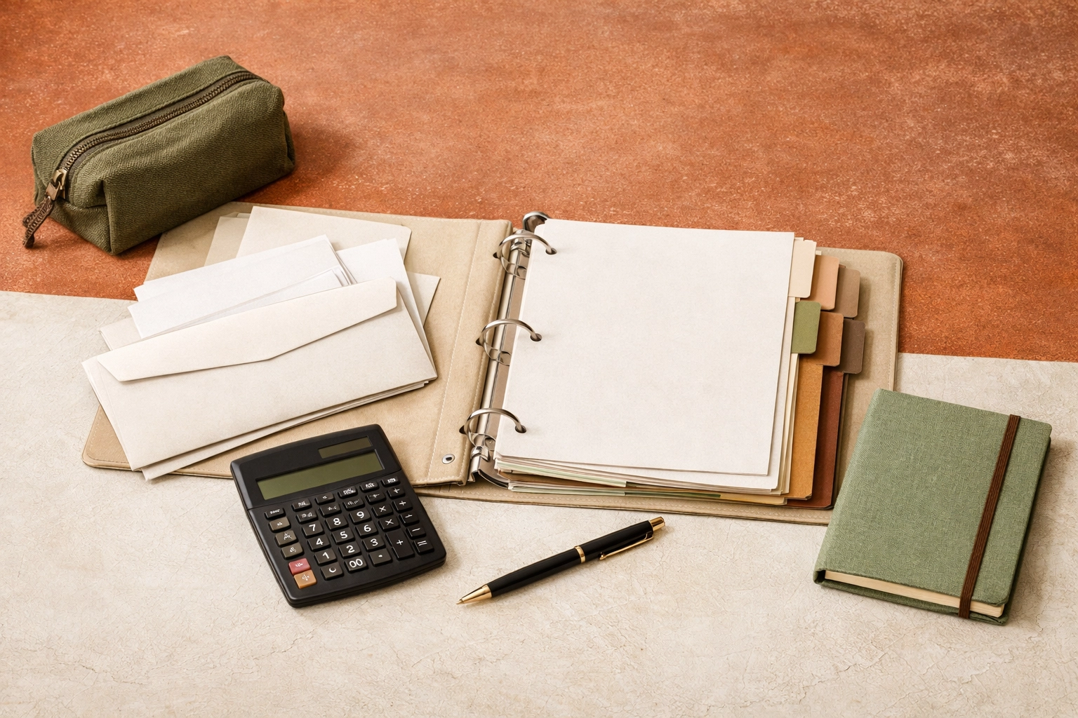 Organized legal documents binder and financial paperwork in a Business Boho workspace illustrating military divorce Quantico pension division rules.