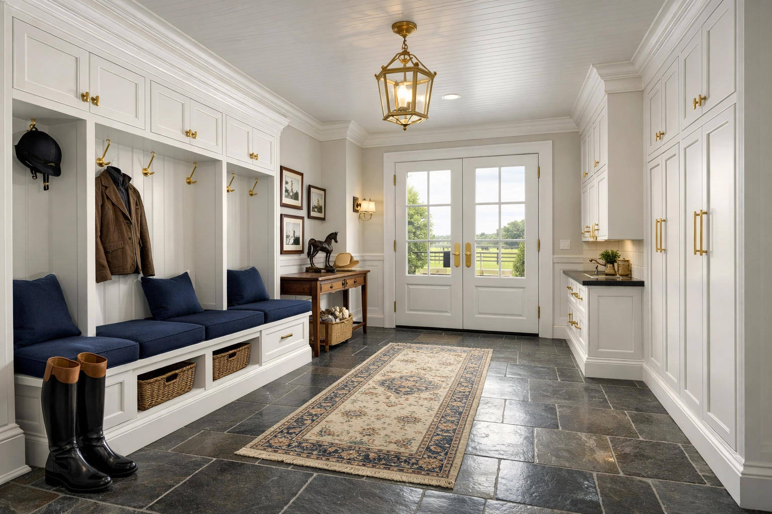 Professional luxury house cleaning in Hamilton for an equestrian estate mudroom with polished slate floors.