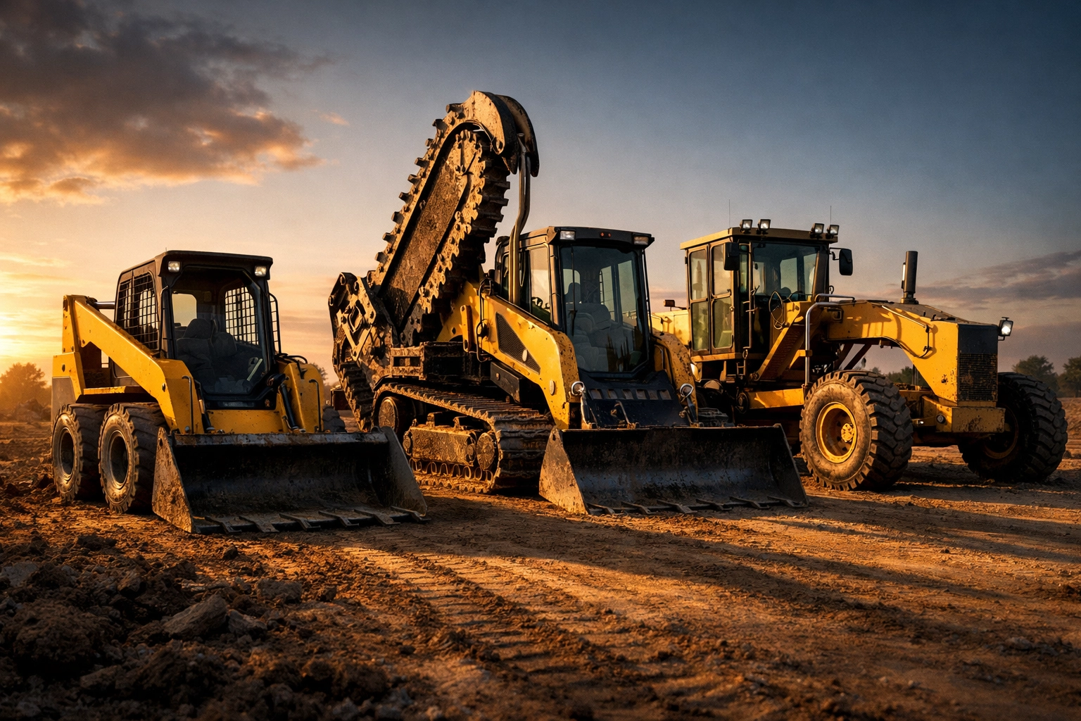 Heavy construction equipment lineup including skid steer and trencher for land development