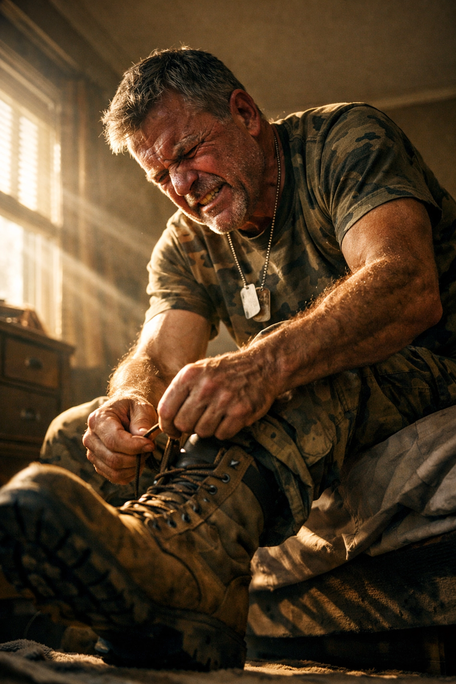 A veteran experiencing back pain limitations while tying boots, representing impairment for a VA disability rating.