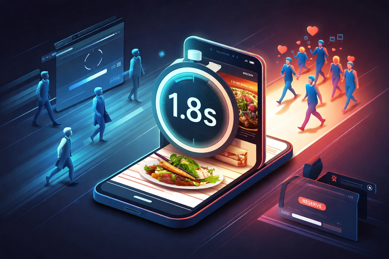Smartphone displaying a fast-loading restaurant website with customers drawn to speed, highlighting conversion optimization