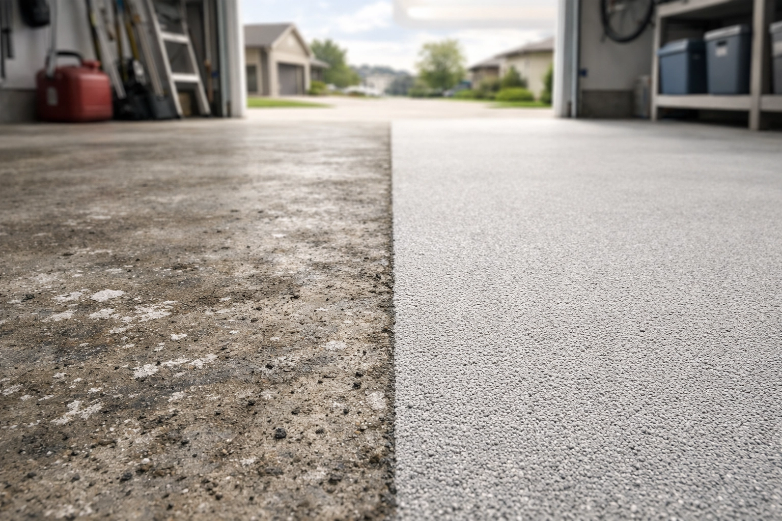 Comparison of salt-damaged concrete vs. professionally ground Regina garage floor prep.
