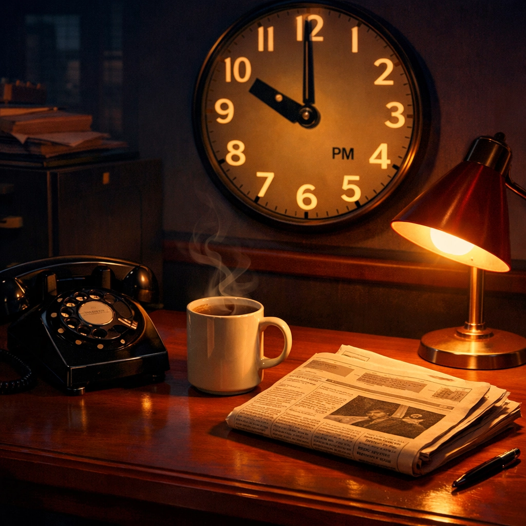 Vintage newsroom desk at 10 PM with coffee and newspaper for evening news brief