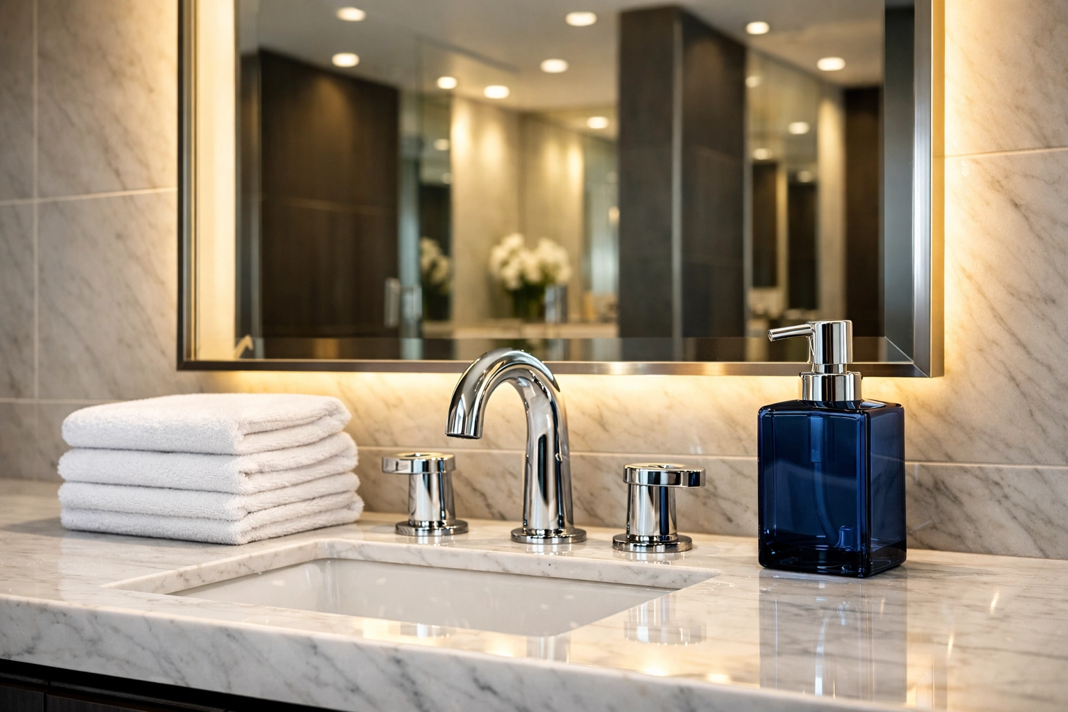 Spotless luxury commercial restroom with a sanitized marble vanity and sparkling chrome fixtures in a Natick office.