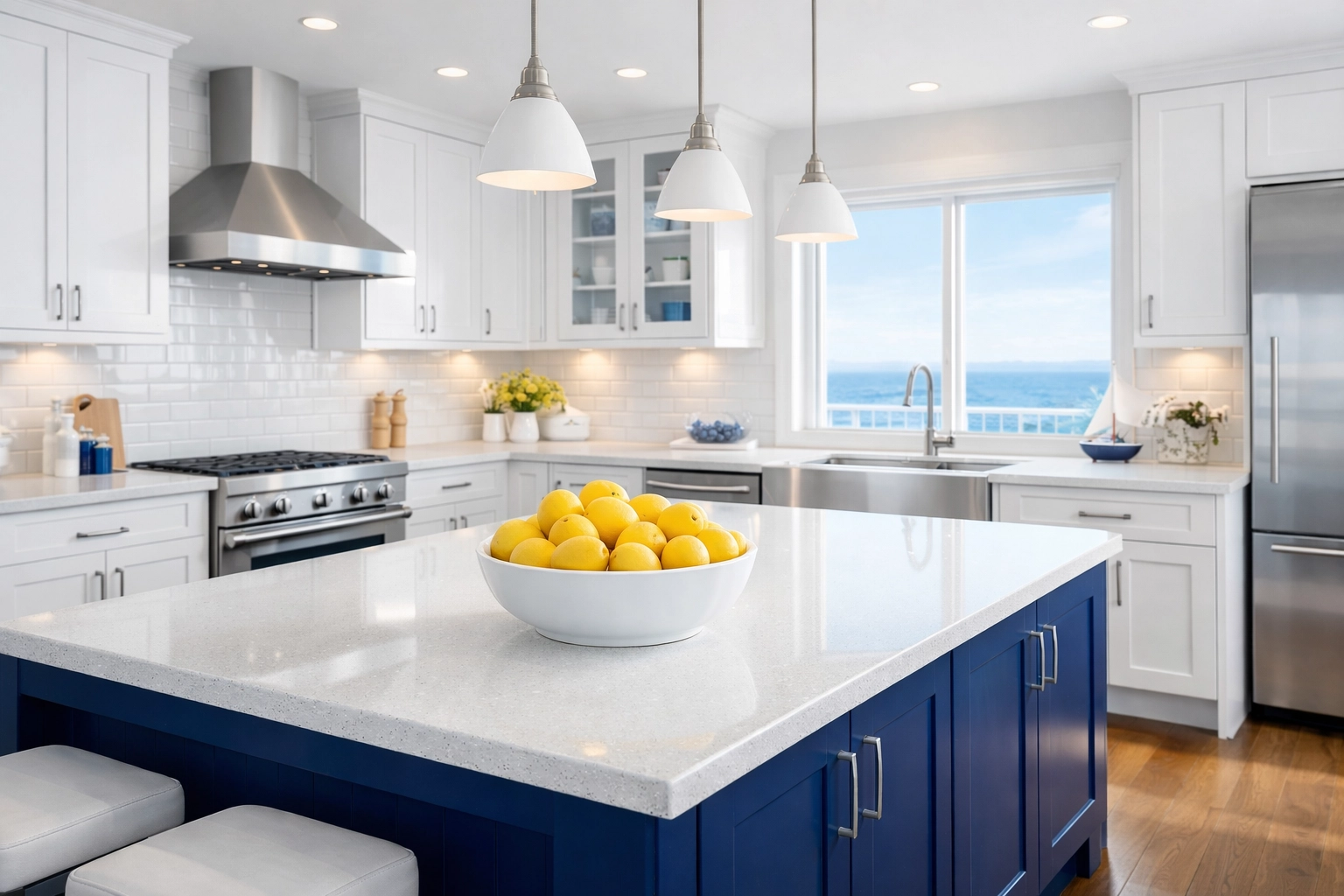 Clean coastal kitchen in Hingham showing the results of weekly house cleaning by The Cleaning Ninjas.