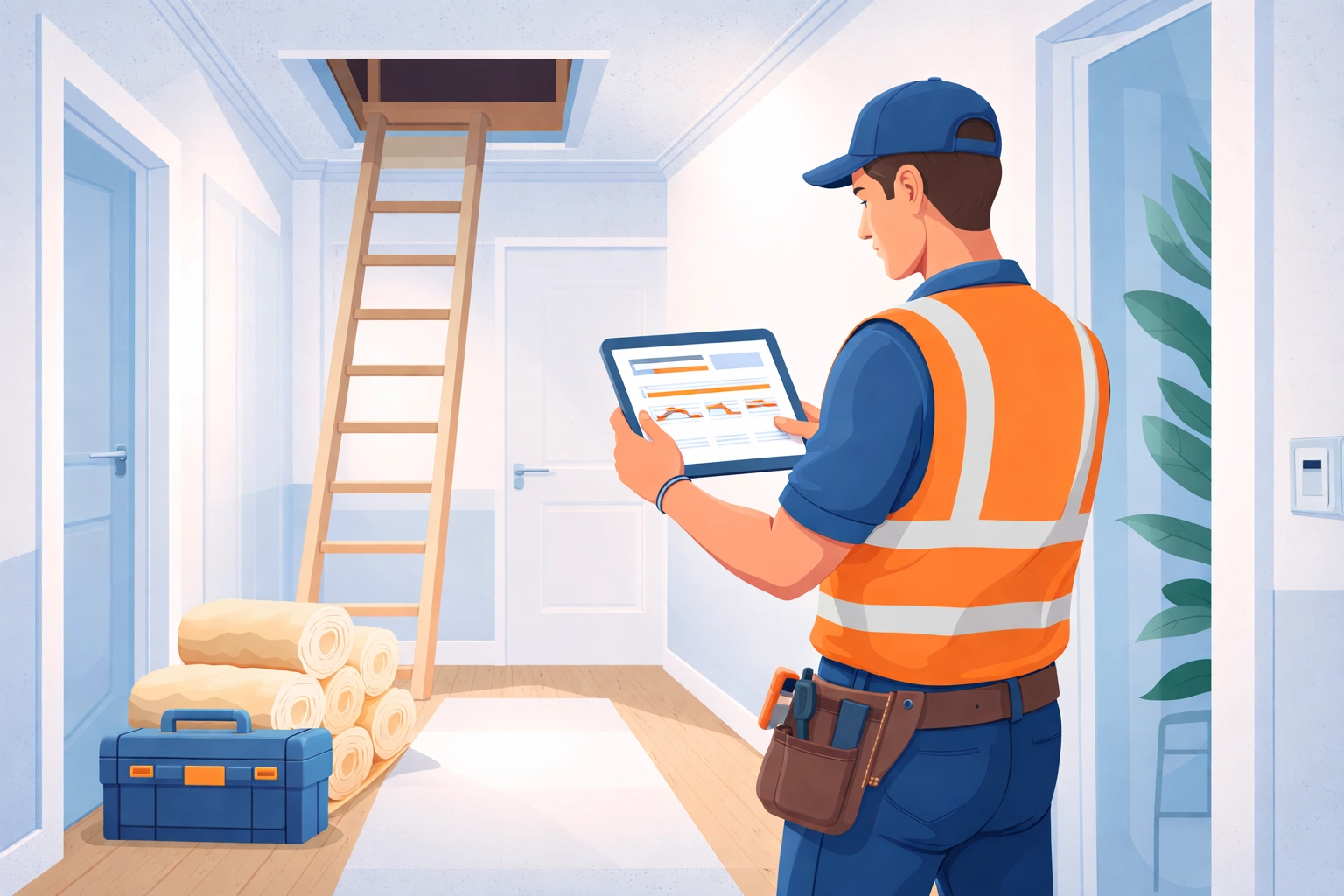 Professional loft insulation installer checking project timeline in a tidy hallway before installation