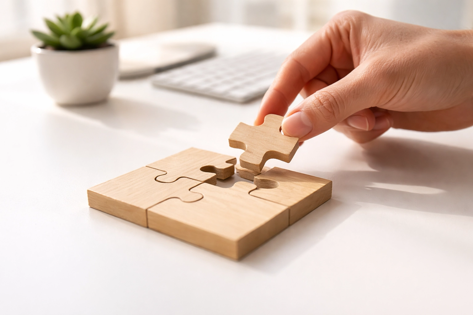 Hand completing a puzzle on a desk, symbolizing effective ServiceNow portal management and optimization