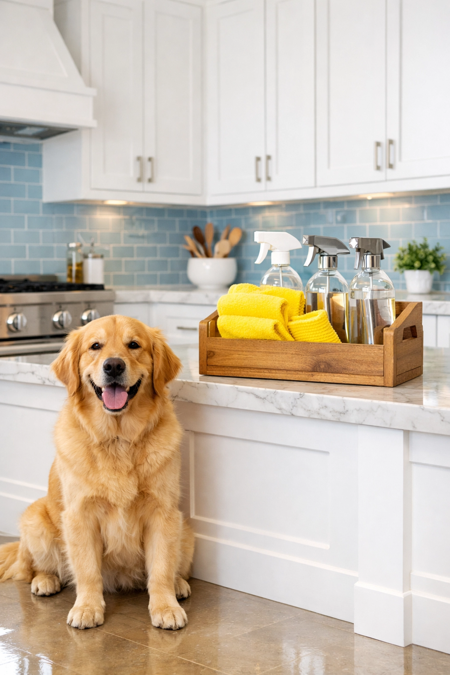 Pet-safe house cleaning Littleton using non-toxic products in a clean modern kitchen with a dog.