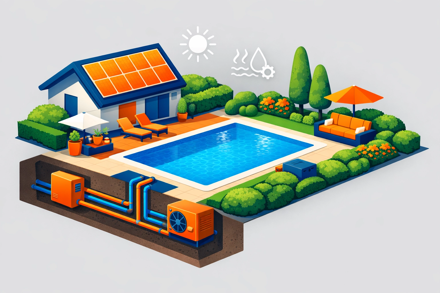 Modern swimming pool installation Surrey garden design with energy-efficient solar panels and integrated heating systems.