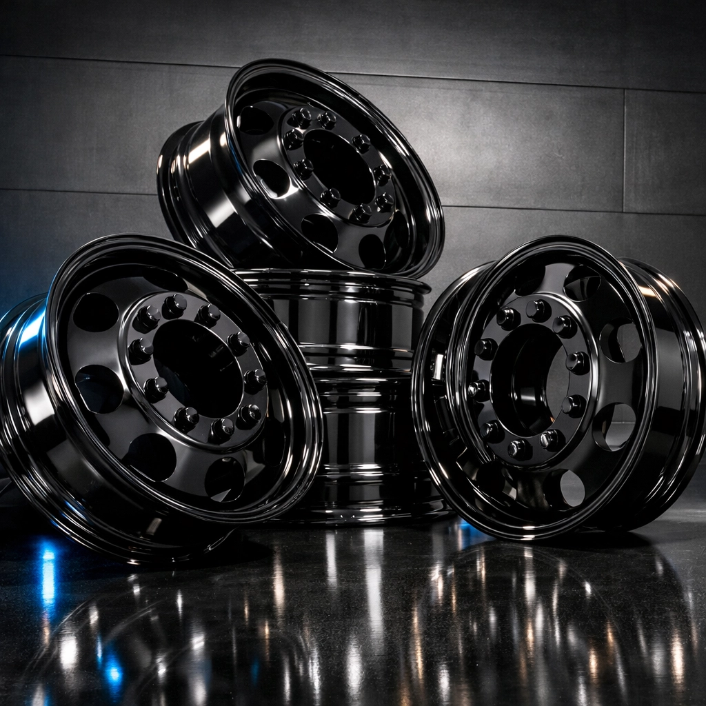 Powder coated truck wheels in glossy black finish showing durable chip-resistant coating