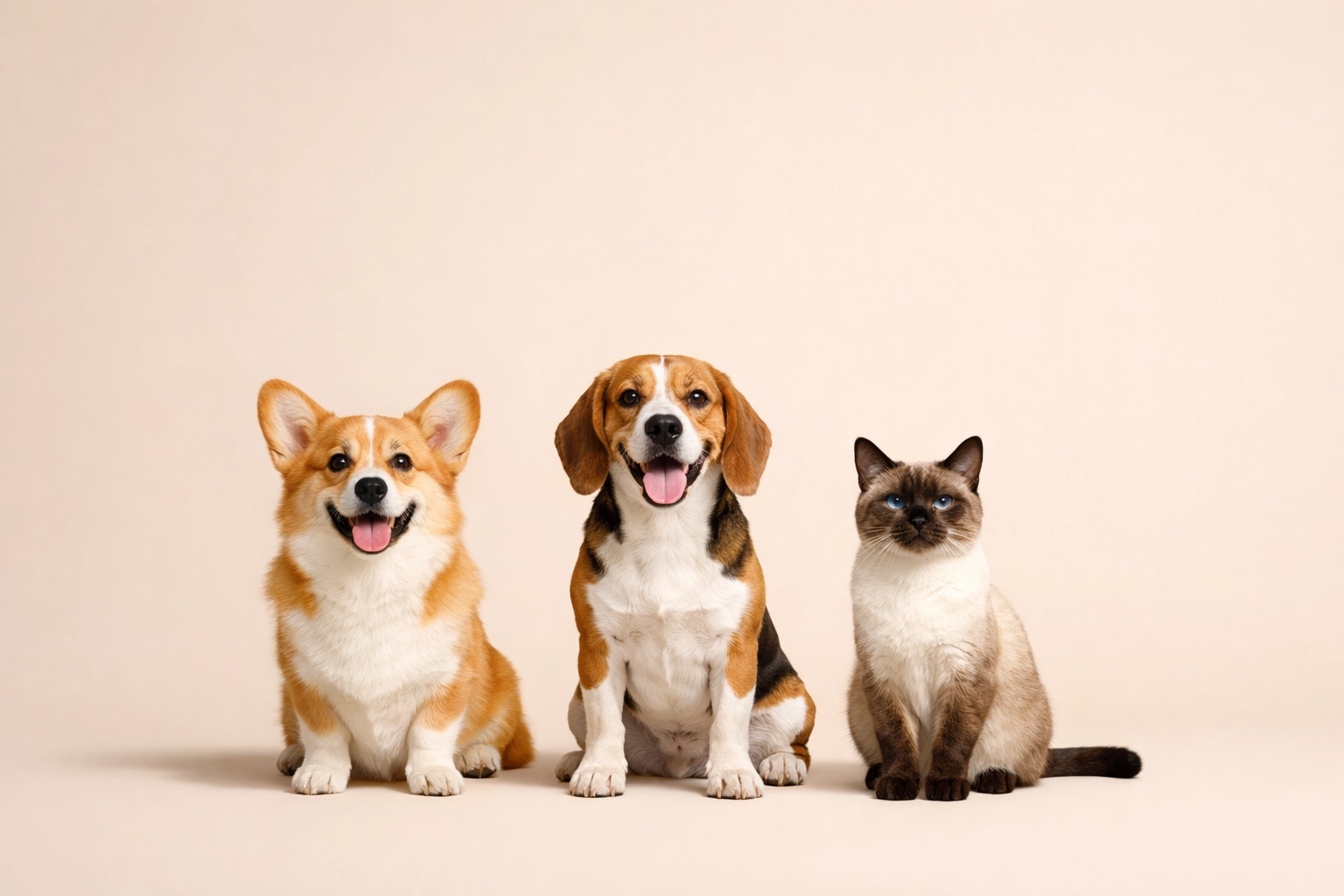 A Corgi, Beagle, and cat sitting together, representing a comprehensive whole-pet care solution for teams.