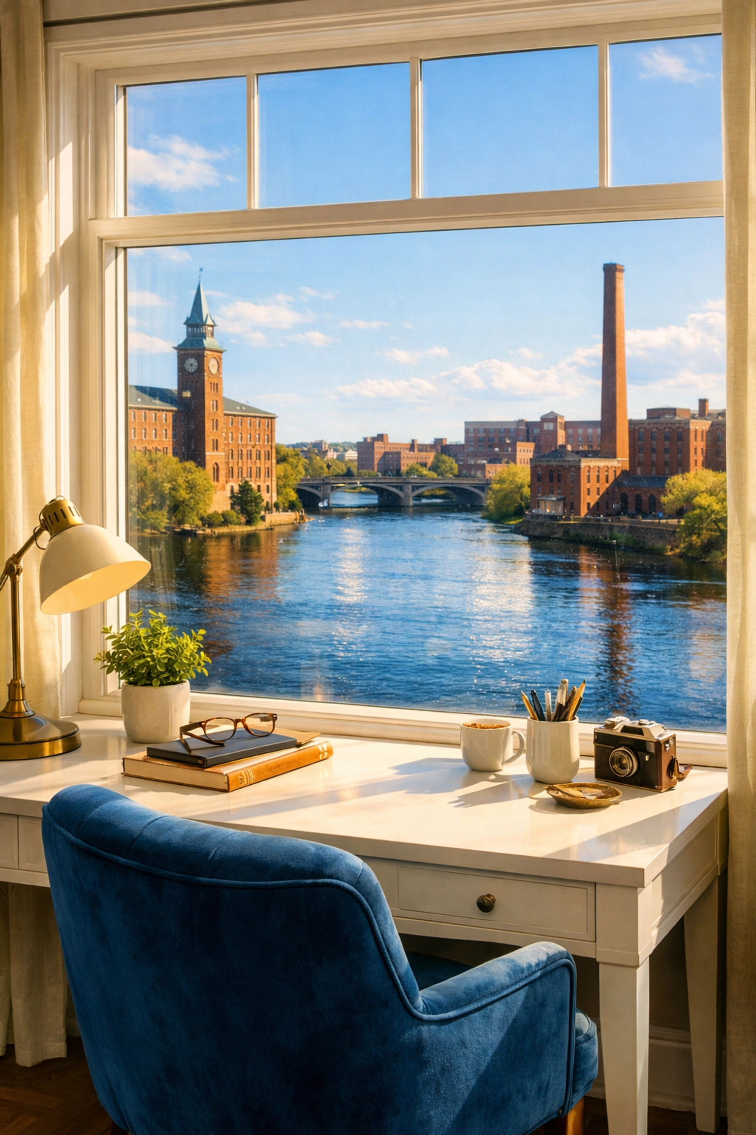 Views of the Merrimack River through a spotless window after house cleaning Lowell MA.