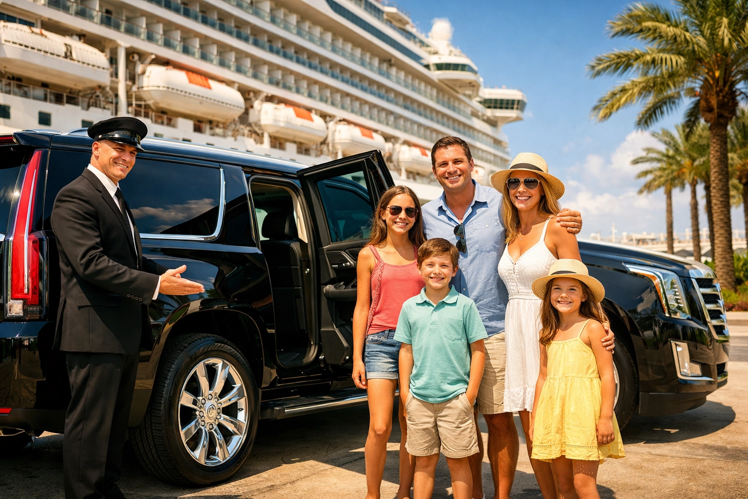 Professional chauffeur assisting a family with their Port Canaveral cruise port transfer in a luxury Cadillac Escalade.