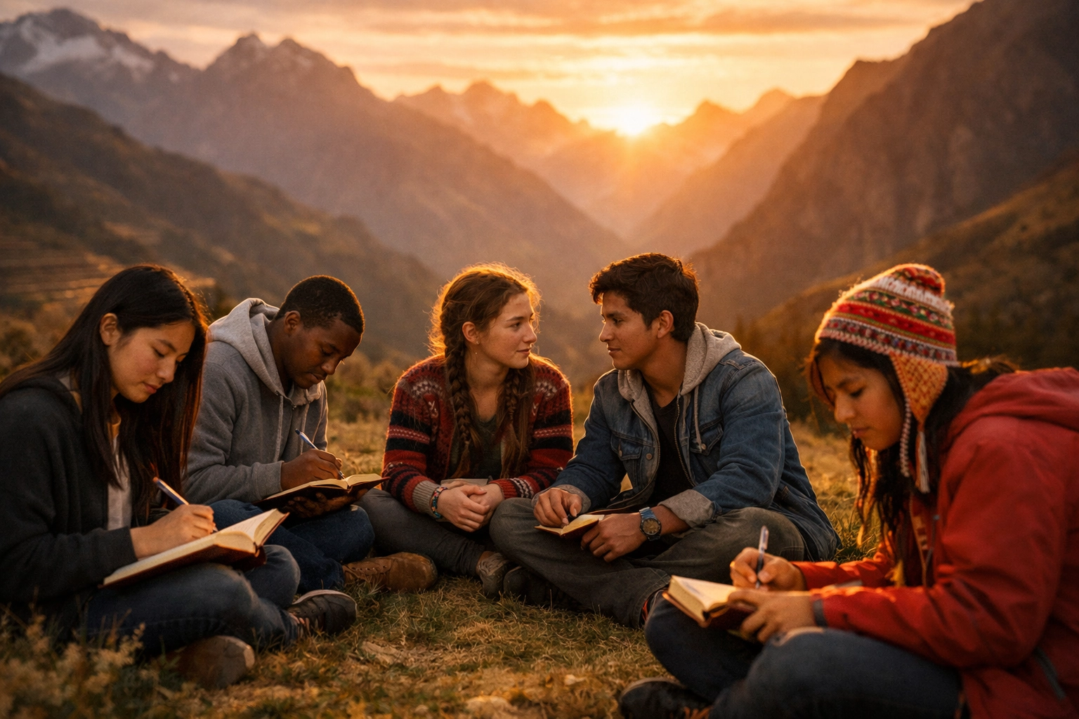 High school students journaling during a reflection session on a service learning trip in Peru.