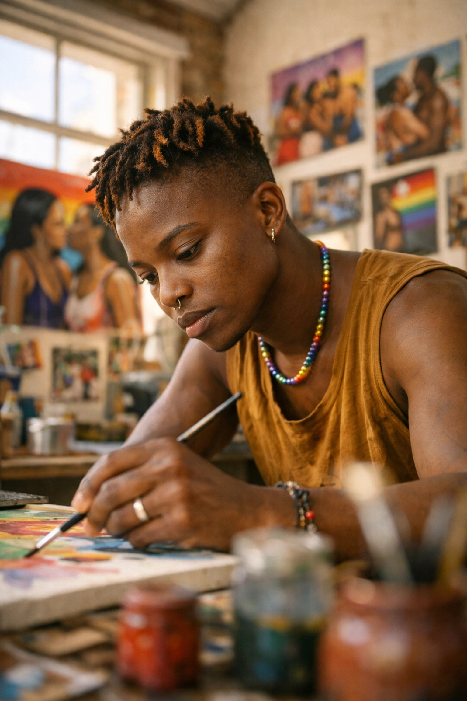 Black queer artist creating LGBTQ+ artwork in Cape Town studio