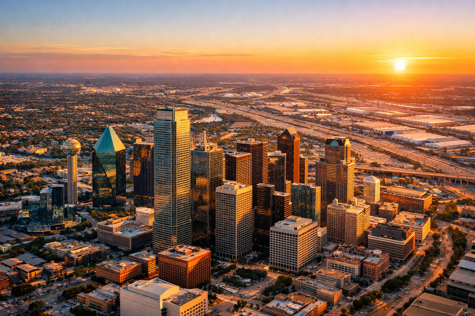 Aerial view of Dallas-Fort Worth skyline showing commercial real estate and urban development