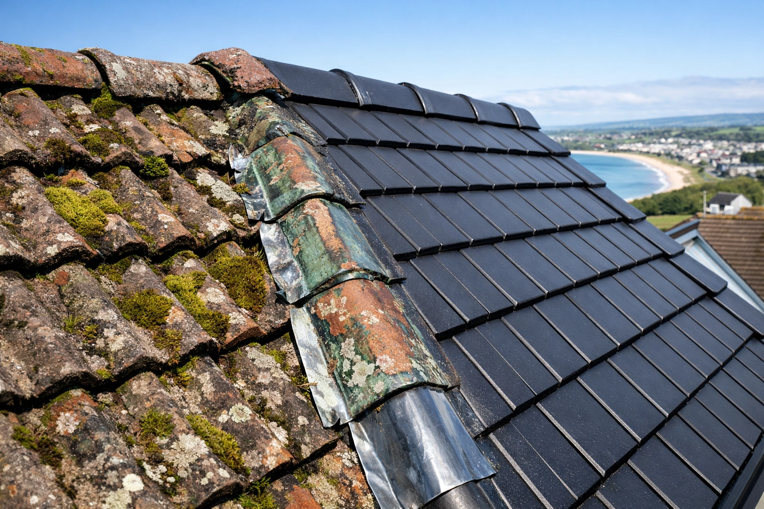 Comparison of maintained versus deteriorating roof sections showing moss and corroded flashings