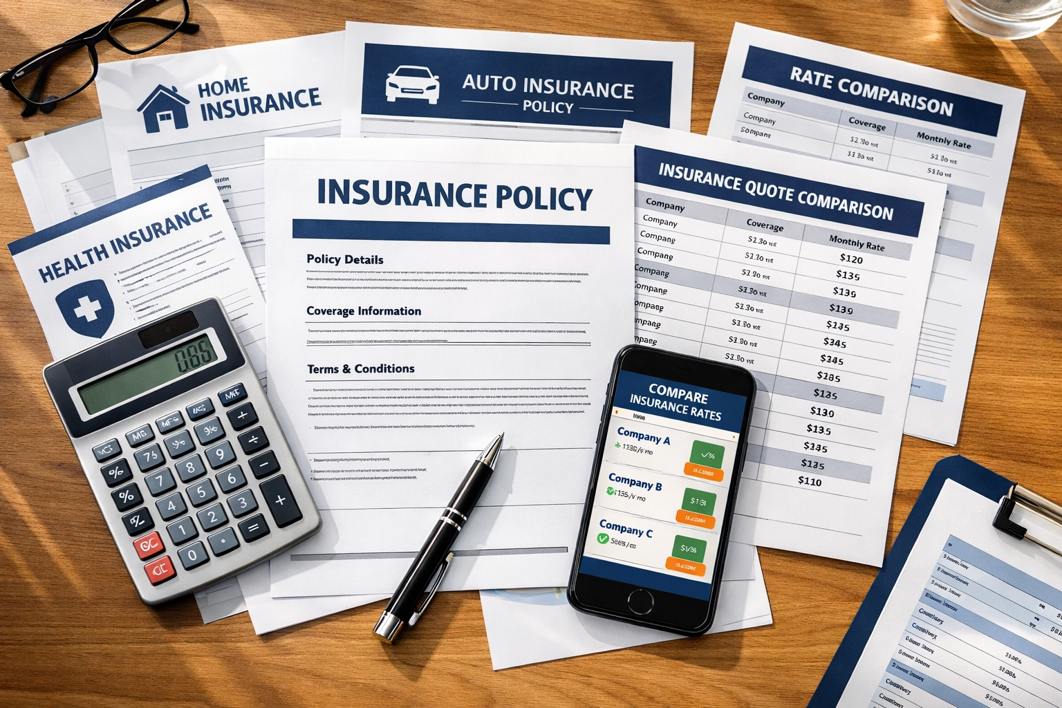 Comparing Cleveland auto insurance quotes and rates on desk with calculator and documents