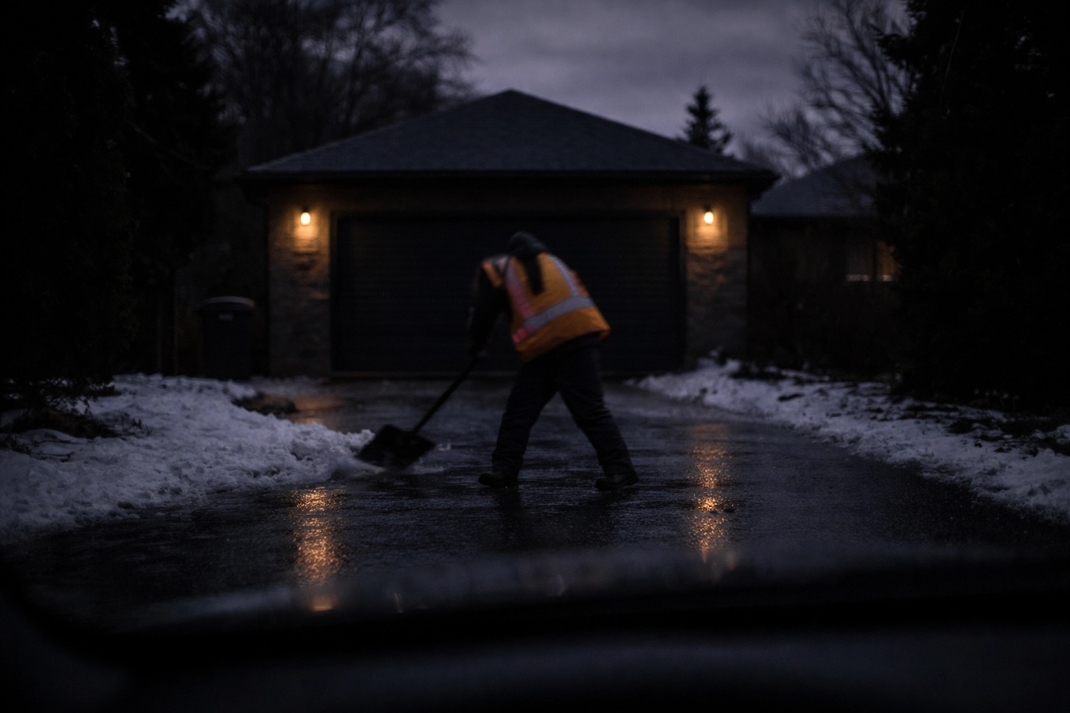 Worker in reflective safety vest barely visible while shoveling snow at dusk without direct lighting