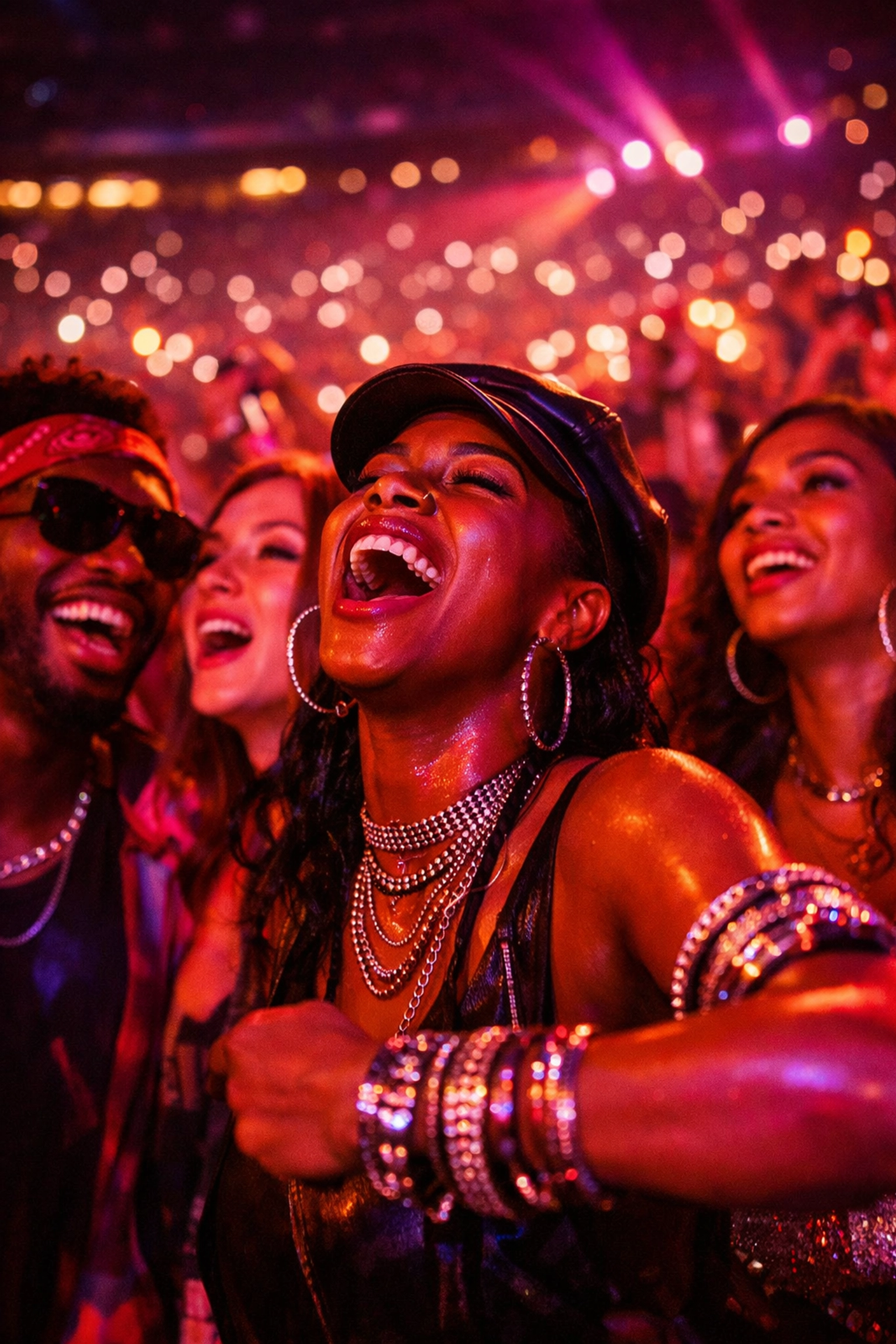 Excited R&B fans singing along in a glowing stadium crowd at the Usher and Chris Brown concert.