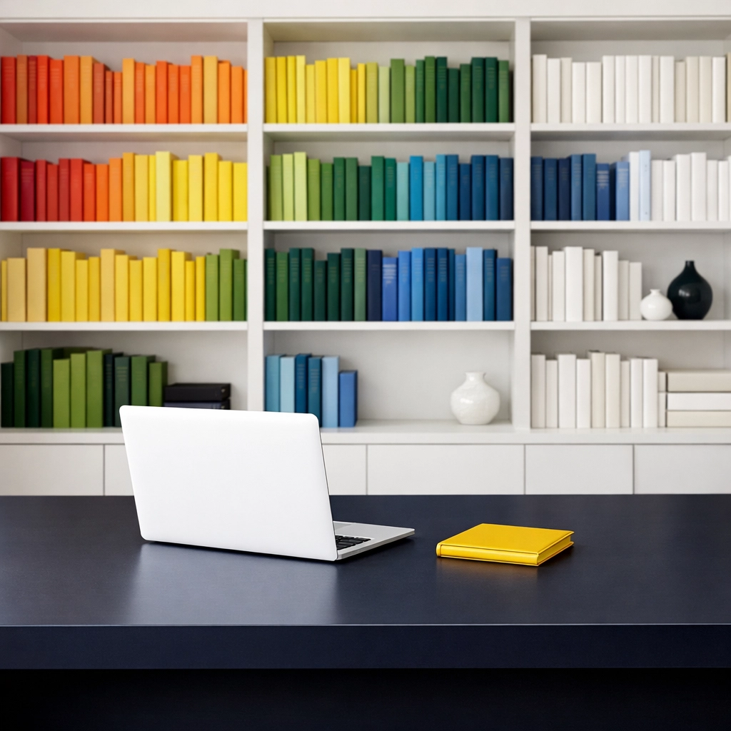 Organized home office with a clean navy blue desk reflecting the mental clarity from weekly house cleaning.