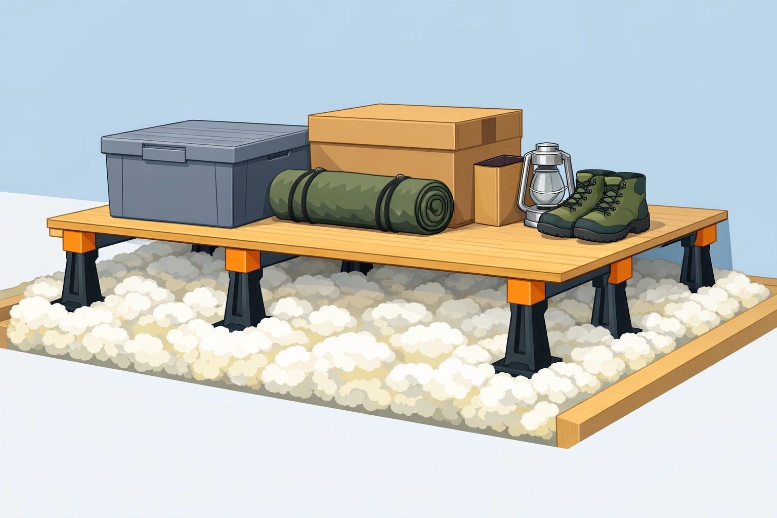 Raised loft storage platform with loft legs above 270mm insulation layer