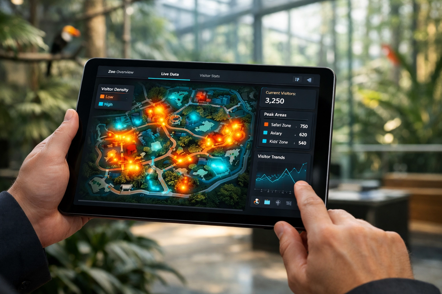 Smart venue technology displaying real-time zoo visitor data analytics on a digital heat map.
