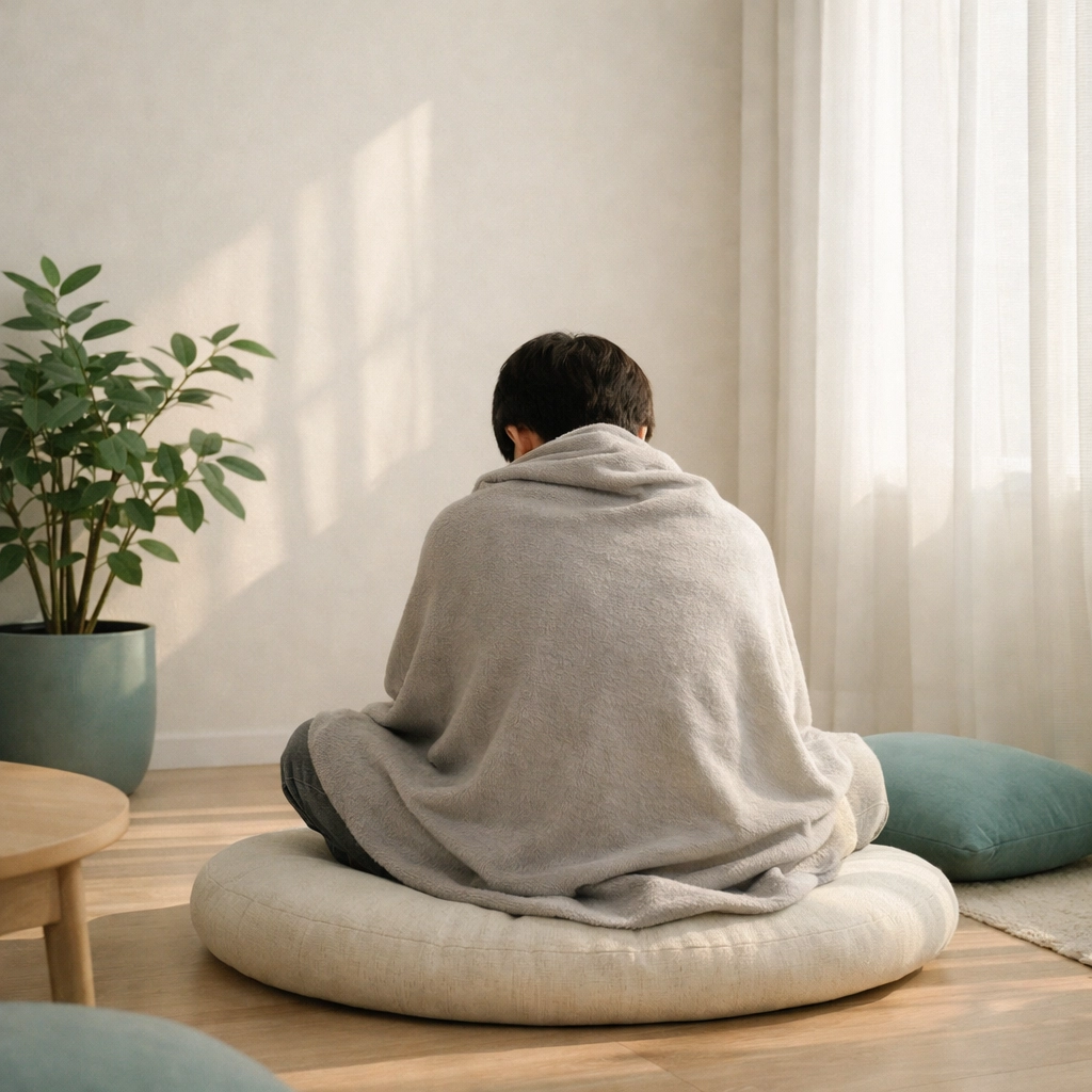 Person wrapped in blanket processing emotions alone, honoring vulnerability and self-compassion
