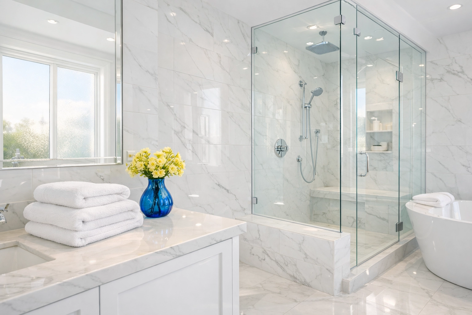 Professional move-in cleaning results in a luxury Massachusetts bathroom with sparkling marble and glass surfaces.
