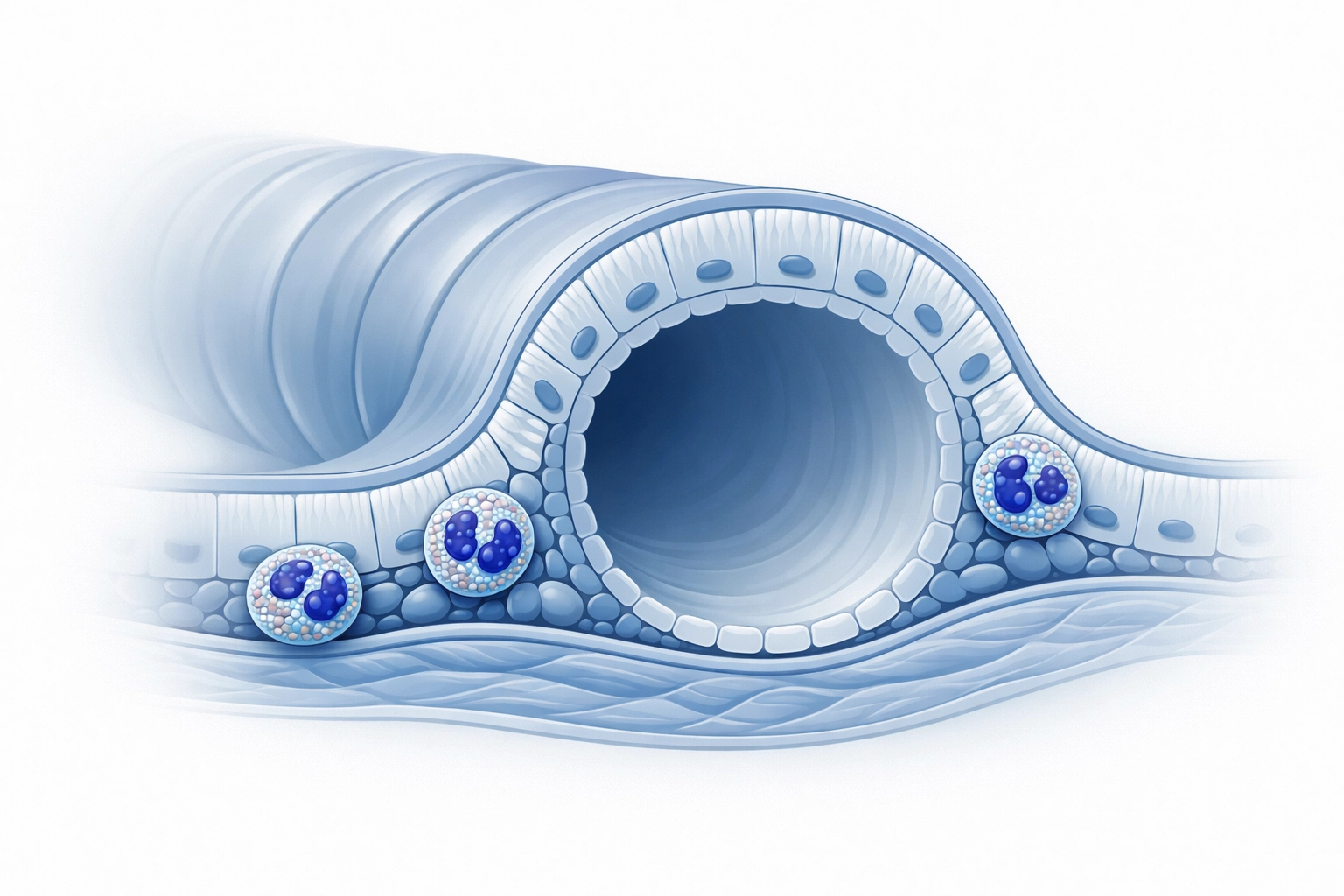 Medical illustration of a bronchial airway cross-section highlighting eosinophilic inflammation in COPD.