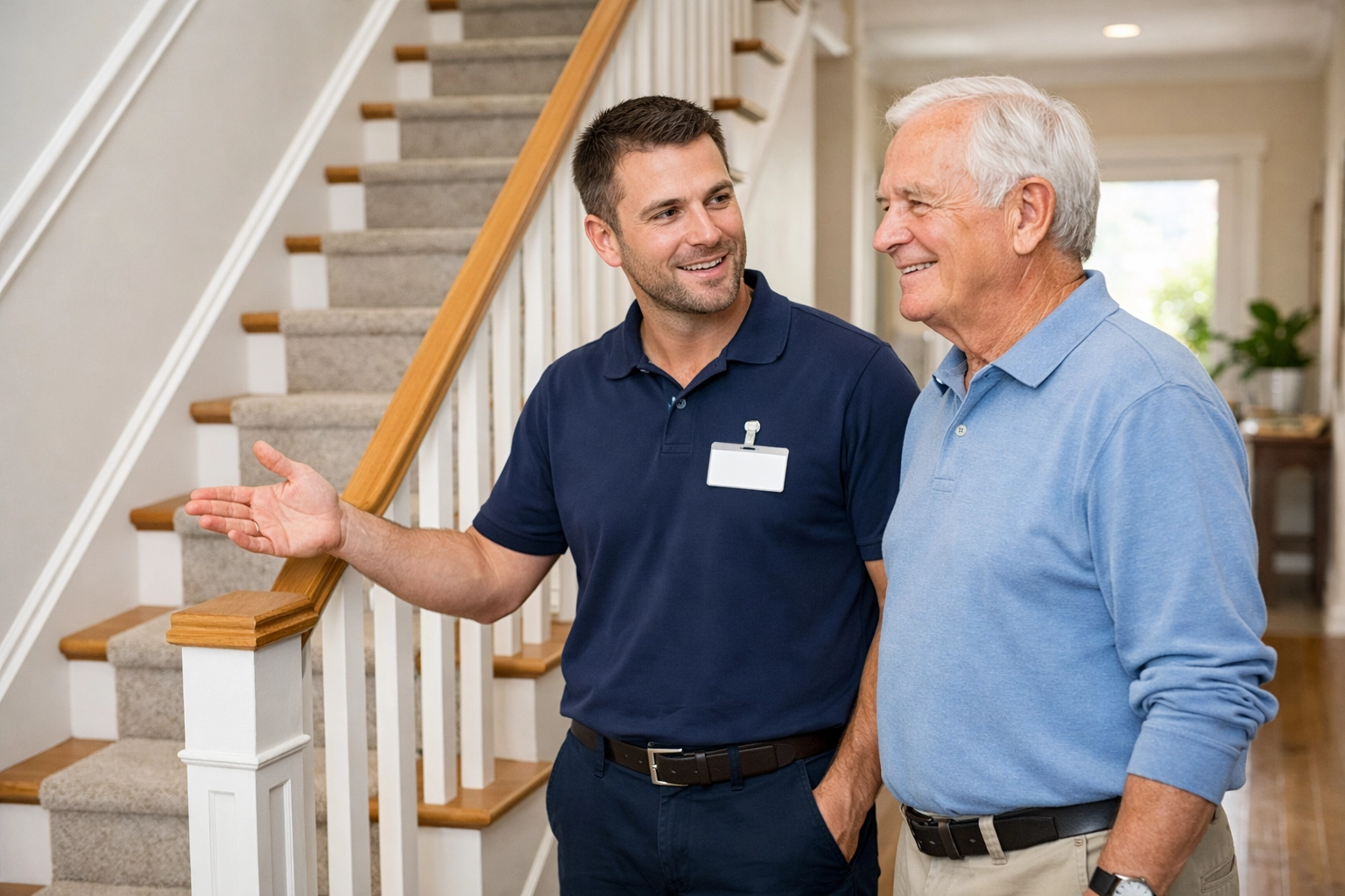Physical therapist discussing home mobility and stair fall prevention techniques with an older adult.