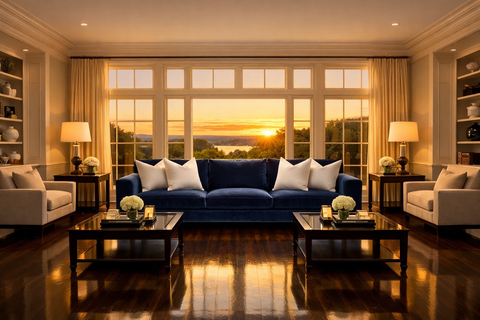 A serene, spotless living room at sunset, illustrating the stress-free results of luxury cleaning in Groton.