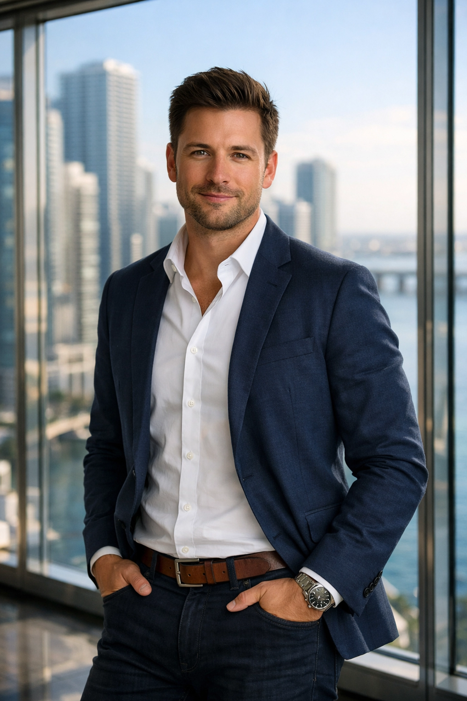 Professional corporate headshot of a Miami entrepreneur in a Brickell office with city views.