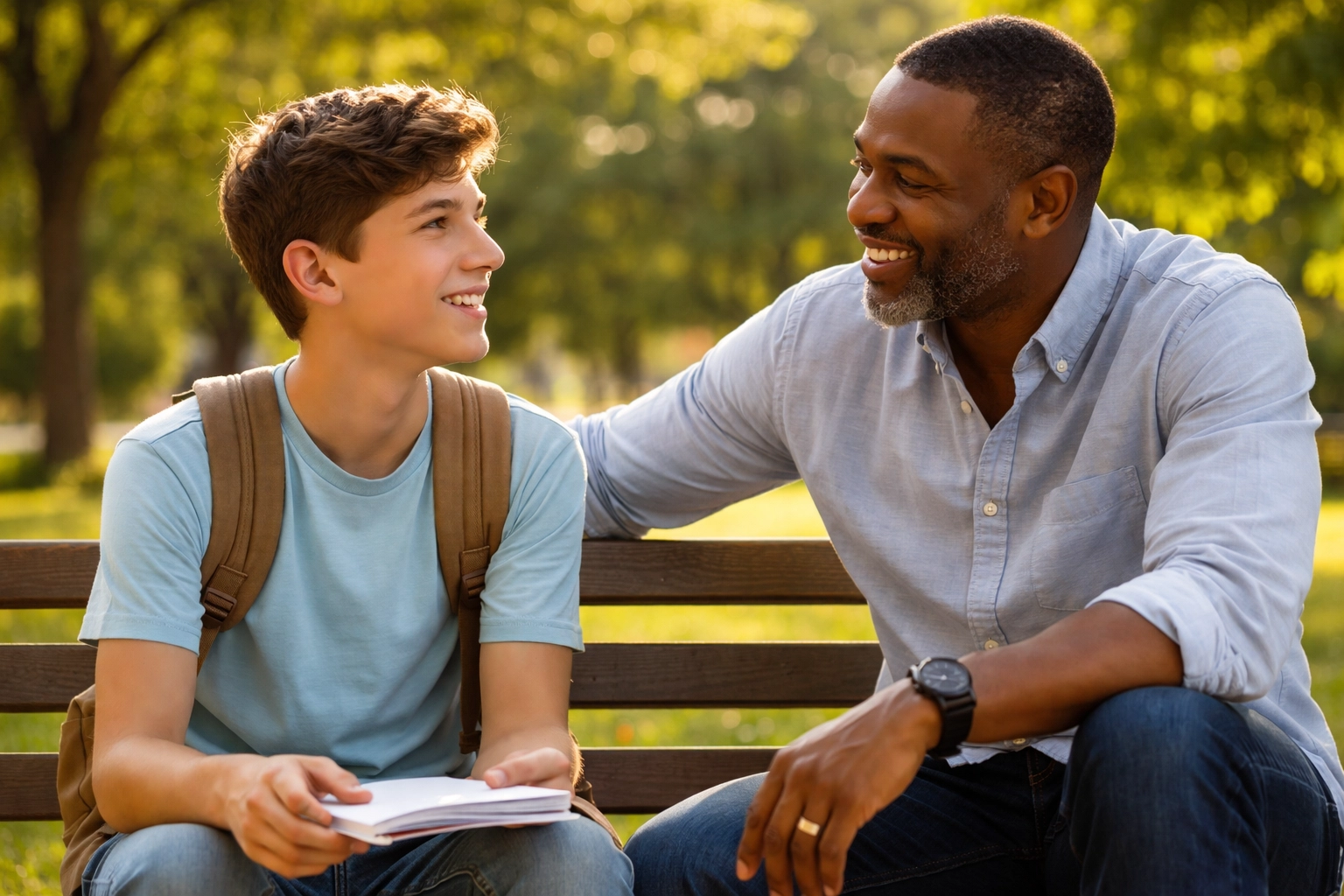 Student shares a positive mentorship moment with an adult in a sunlit park, highlighting the value of support networks.