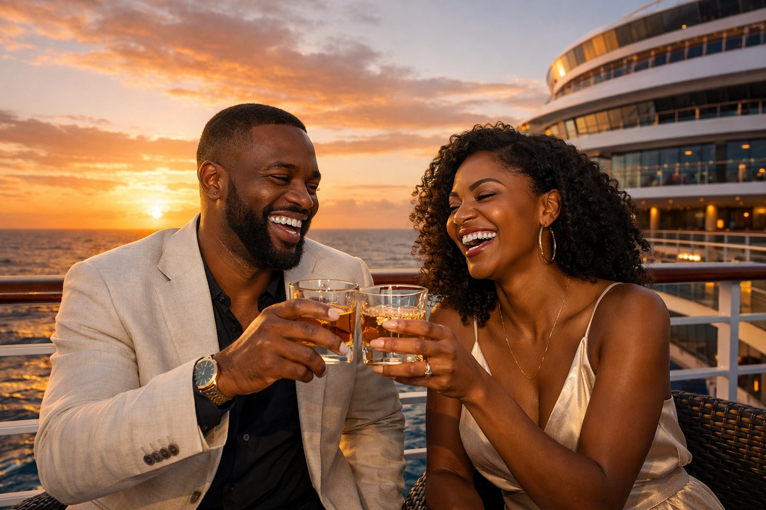 Couple enjoying a sunset on an adults-only luxury cruise booked through an expert travel agent.