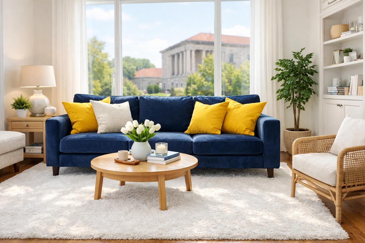 Spotless Worcester living room after a professional deep cleaning, featuring a clean white rug and navy blue sofa.