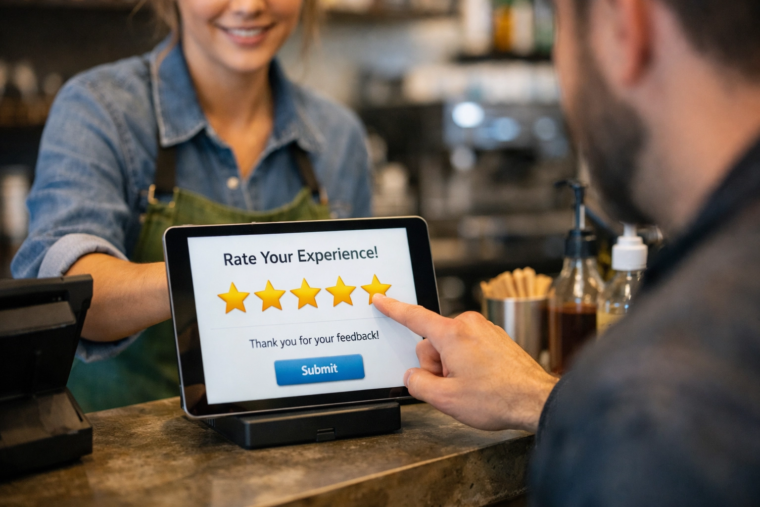 A real small business counter where a staff member shows a 5-star review screen on a tablet to a customer, candid and authentic.