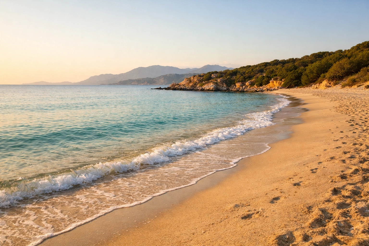 Peaceful Sardinian beach in September shoulder season with empty shoreline