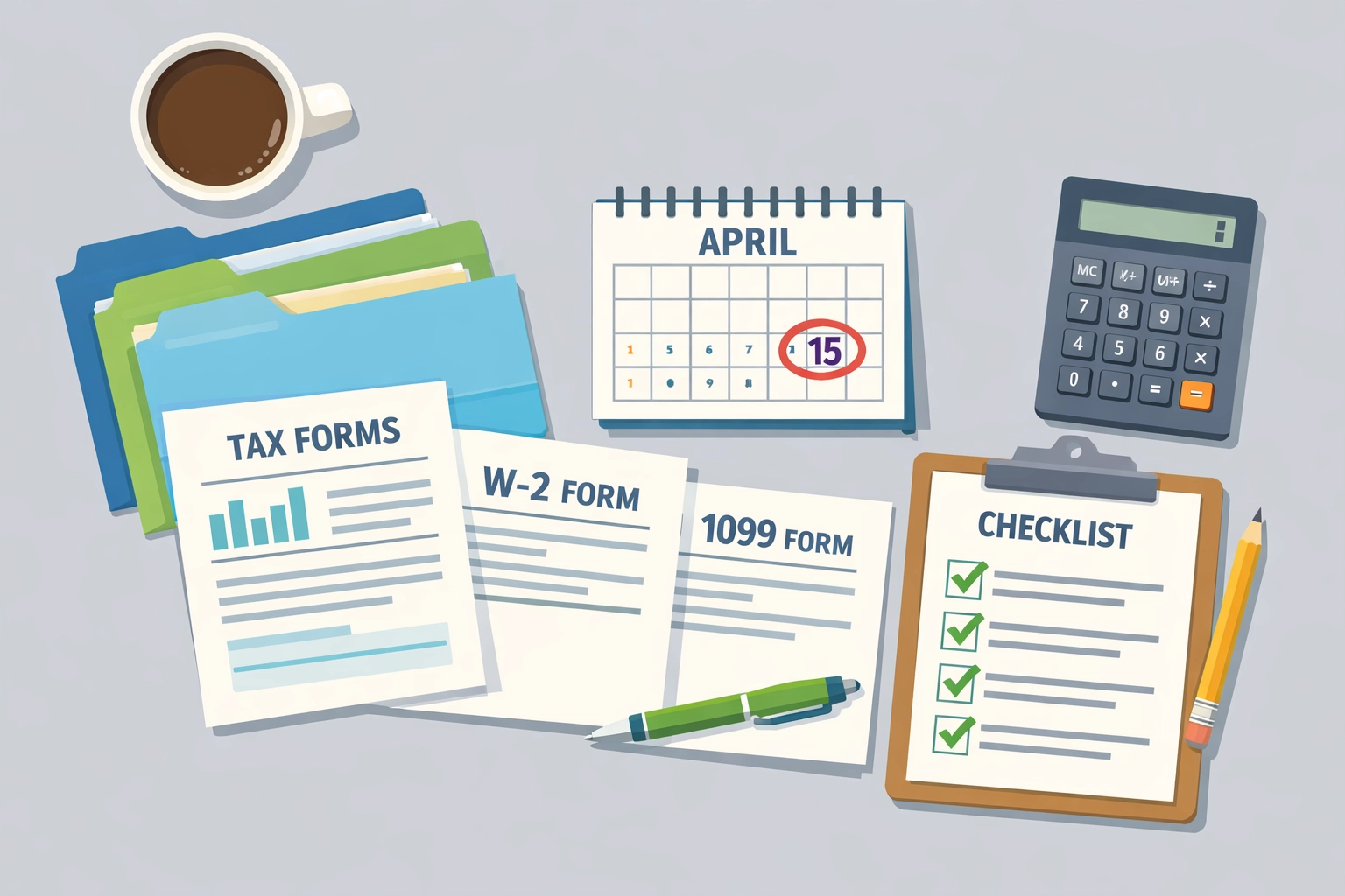 Organized tax documents including W-2 and 1099 forms with calendar and checklist for 2026 tax preparation