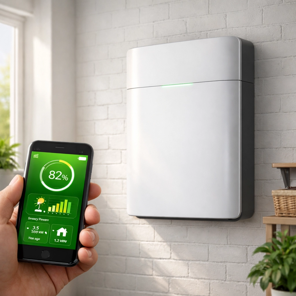 Modern smart solar battery storage system being managed by a homeowner using a mobile energy app.