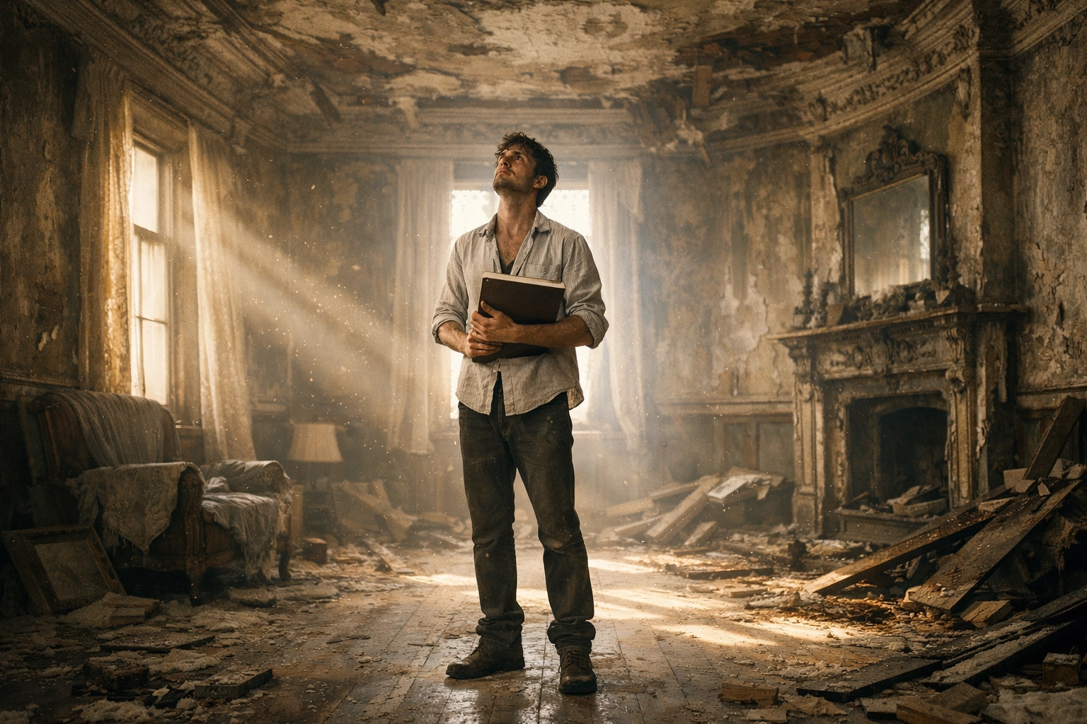 A slender man standing in a decaying Victorian house with a sketchbook, starting a renovation journey.