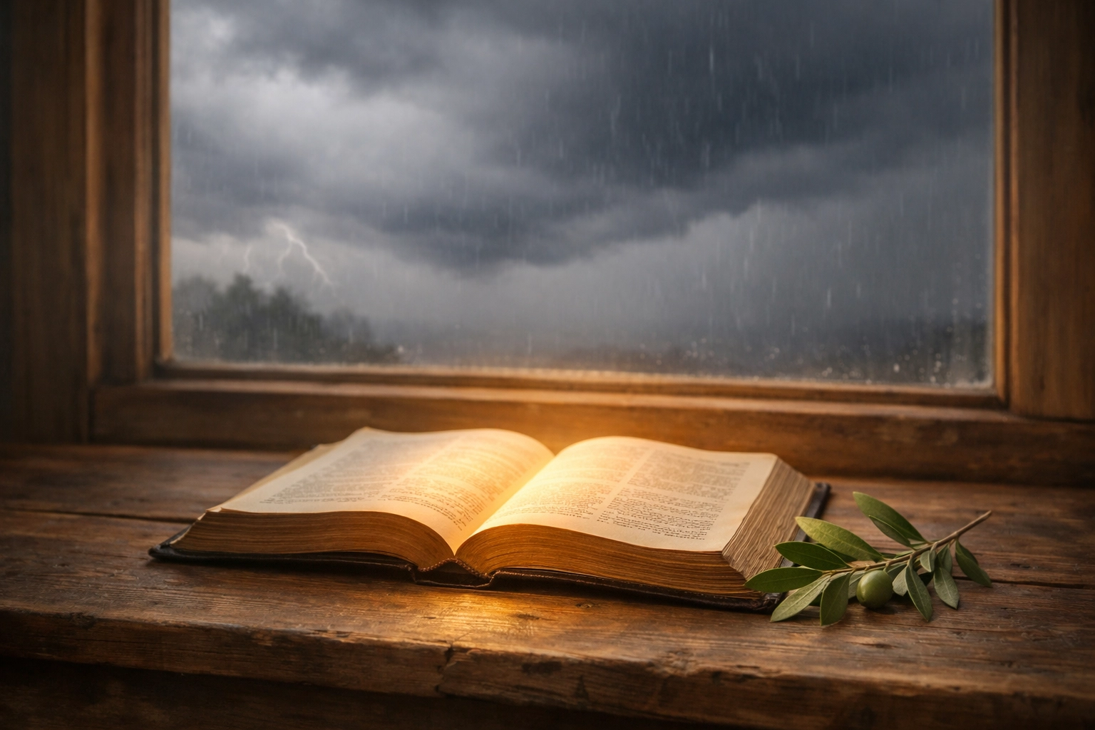 An open Bible and olive branch glowing warmly during a storm, symbolizing spiritual peace and wisdom.